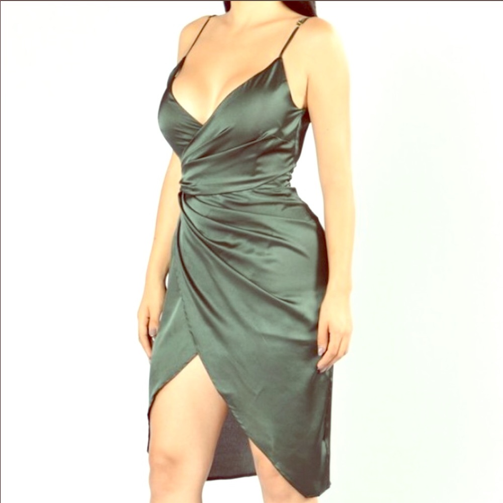 Olive colored satin mini dress